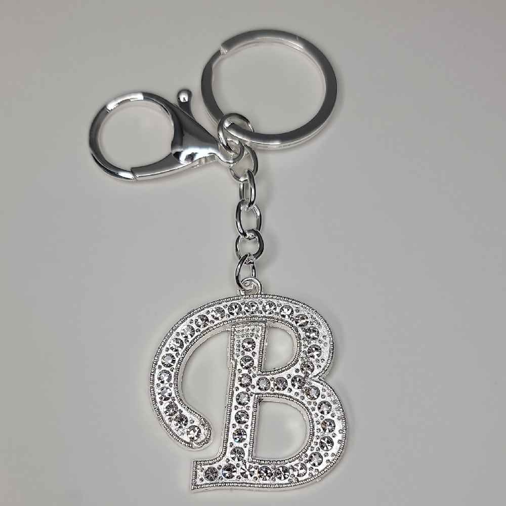 Letter B Initial B Alphabet B Rhinestone Silver Key Chain Bag Charm